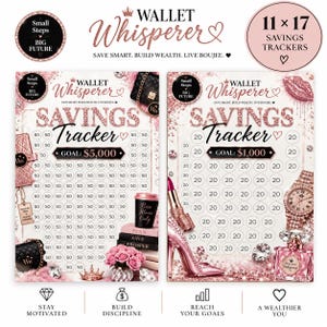May include: Two 11x17 inch savings tracker sheets with rose gold and black accents. Each sheet features the text Wallet Whisperer, Savings Tracker, and goal amounts of $5,000 or $1,000, with circular spaces to mark progress and decorative icons.