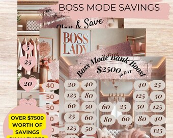 May include: A pink and gold motivational poster with the text "Boss Mode Bank Boost 36 Day" and a grid of numbers. The poster also includes the text "Boss Lady" and "Over $7500 Worth of Savings Challenges".
