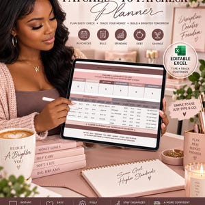May include: A digital Paycheck to Paycheck Planner displayed on a tablet screen, featuring columns for paychecks, bills, spending, debt, and savings. The interface includes an editable Excel format with a dashboard, monthly balance tracking, and a safe to spend formula.