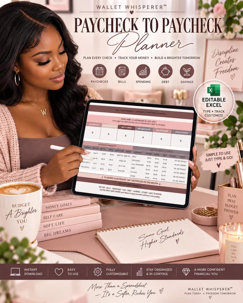 May include: A digital Paycheck to Paycheck Planner displayed on a tablet screen, featuring columns for paychecks, bills, spending, debt, and savings. The interface includes an editable Excel format with a dashboard, monthly balance tracking, and a safe to spend formula.