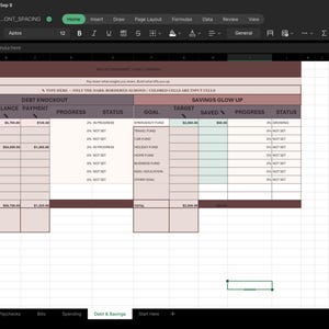May include: A digital spreadsheet template for debt and savings tracking with a pink and white color scheme. The interface includes sections labeled Debt Knockout and Savings Glow Up, with columns for balance, payment, progress, status, goal, and target.