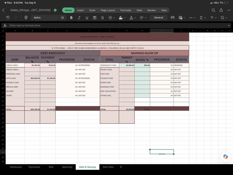 May include: A digital spreadsheet template for debt and savings tracking with a pink and white color scheme. The interface includes sections labeled Debt Knockout and Savings Glow Up, with columns for balance, payment, progress, status, goal, and target.