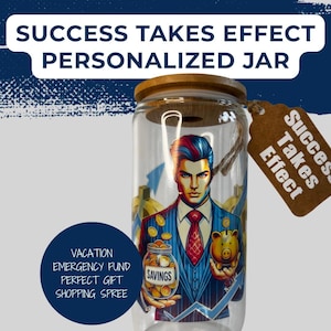 Savings Jar piggy bank – 16oz Glass Jar with Bamboo Lid – Motivational Vinyl Art – Budgeting Gift for Him – Personalized Affirmation Jar