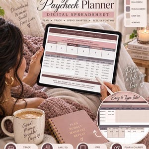 May include: A digital Paycheck to Paycheck Planner spreadsheet displayed on a tablet screen, featuring a dashboard with columns for bills, spending, and savings. The interface uses a color palette of pink ebony, dull purple, pearl blackberry, grey silk, and almond. The screen shows text including Wallet Whisperer, Plan, Track, Spend Smarter, Feel in Control, and various financial data fields.