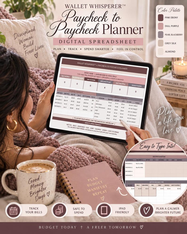 May include: A digital Paycheck to Paycheck Planner spreadsheet displayed on a tablet screen, featuring a dashboard with columns for bills, spending, and savings. The interface uses a color palette of pink ebony, dull purple, pearl blackberry, grey silk, and almond. The screen shows text including Wallet Whisperer, Plan, Track, Spend Smarter, Feel in Control, and various financial data fields.