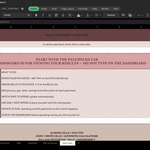 May include: A digital spreadsheet interface titled Wallet Whisperer with instructions for financial tracking. The layout includes steps for entering pay dates, net pay, assigning bills, and monitoring spending, with color-coded cell guidance.