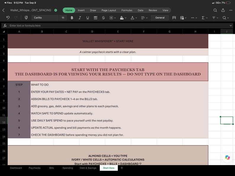May include: A digital spreadsheet interface titled Wallet Whisperer with instructions for financial tracking. The layout includes steps for entering pay dates, net pay, assigning bills, and monitoring spending, with color-coded cell guidance.