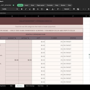May include: A digital spreadsheet titled Wallet Whisperer Spending Check-in with a monthly spending plan table. It features columns for category, budget, actual, left, percent used, and status, with rows for groceries, transport, dining, and other expenses.