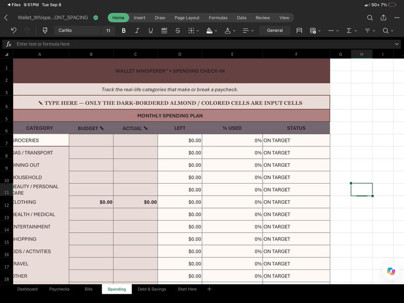 May include: A digital spreadsheet titled Wallet Whisperer Spending Check-in with a monthly spending plan table. It features columns for category, budget, actual, left, percent used, and status, with rows for groceries, transport, dining, and other expenses.