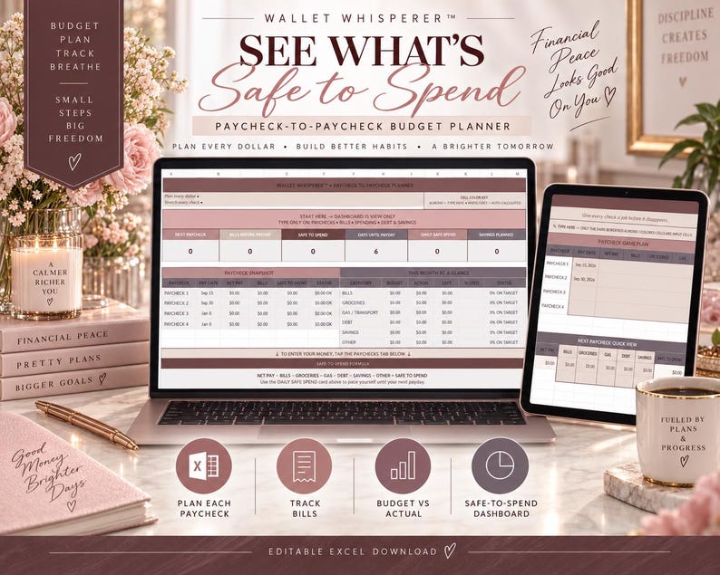 May include: A laptop and tablet displaying a digital budget planner with columns for paycheck snapshots and expense tracking. The screen shows text including Wallet Whisperer, See What's Safe to Spend, and Paycheck-to-Paycheck Budget Planner.