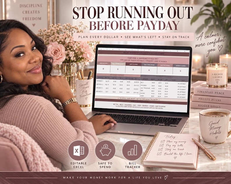 May include: A digital budget planner displayed on a laptop screen with the text STOP RUNNING OUT BEFORE PAYDAY. The interface includes columns for paycheck, bills, and savings. Below are three circular icons labeled EDITABLE EXCEL, SAFE TO SPEND, and BILL TRACKER, alongside a notebook with a handwritten to-do list.
