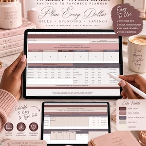 May include: A digital budget planner titled Wallet Whisperer displayed on a tablet and a smaller screen, featuring columns for bills, spending, and savings. The interface includes a paycheck snapshot, monthly budget tracking, and a color palette of pink, purple, and grey.