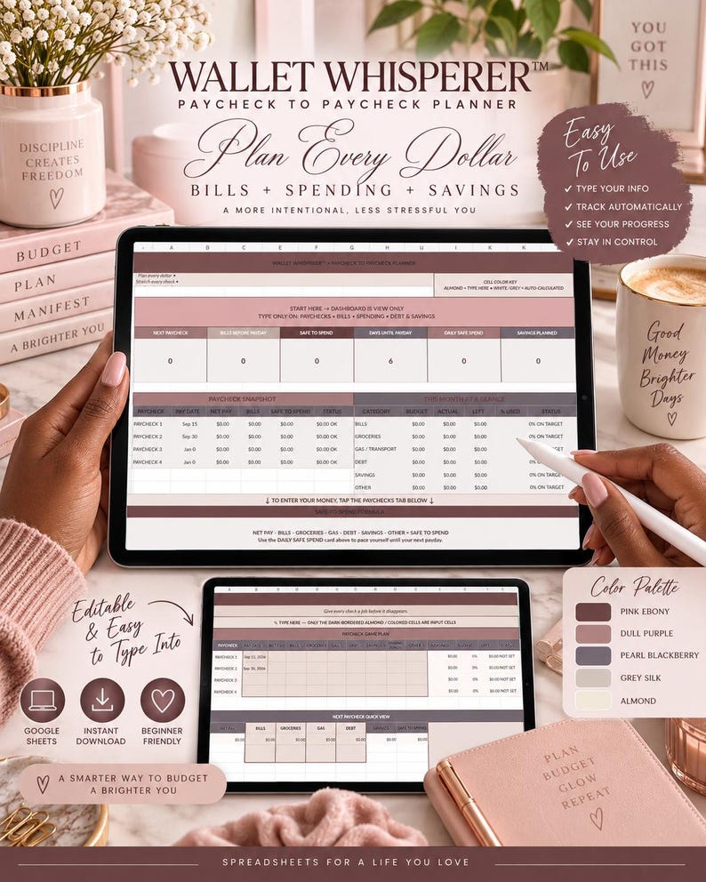 May include: A digital budget planner titled Wallet Whisperer displayed on a tablet and a smaller screen, featuring columns for bills, spending, and savings. The interface includes a paycheck snapshot, monthly budget tracking, and a color palette of pink, purple, and grey.