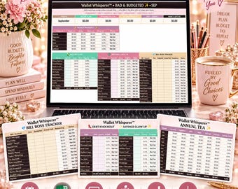 May include: A laptop screen displaying the Bad & Budgeted Excel Monthly Budget Spreadsheet, featuring tables for income, expenses, and bill tracking. Three printed cards show Bill Boss Tracker, Debt Knockout, and Annual Tea budget templates.
