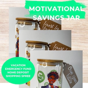 Frasco de ahorro motivacional de 16 oz con tapa de bambú: diseño de vidrio elegante para presupuestos, finanzas personales, desafíos de ahorro y establecimiento de objetivos