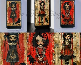 May include: Three digital illustrations displayed on smartphones and as standalone prints, featuring stylised characters with large eyes and dark hair, wearing dresses in red, black, and white, accompanied by black ravens against textured backgrounds.
