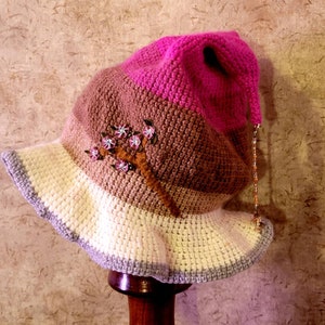 Crochet Cottage Witch Hat Cherry Blossom Hat  Pixie or Hedge Witch Hat Adult Size Pink Brown and Cream.
