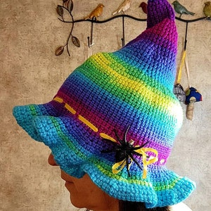 Crochet Cottage Witch Hat Pixie or Hedge Witch Hat Adult Size Colorful Stripes