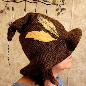 Crochet Cottage Witch Hat Brown with Fabric Feathers Pixie or Hedge Witch Hat Adult Size