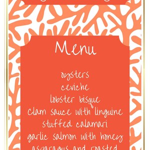 May include: A coral-themed wedding menu with the names Caroline and Jake and the year 2025. The menu includes oysters, ceviche, lobster bisque, clam sauce with linguine, stuffed calamari, garlic salmon with honey, asparagus and roasted potatoes, and ricotta rustica cheesecake.