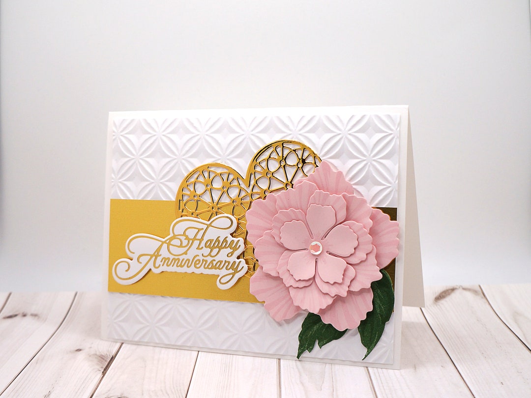 Handmade Anniversary Card With Layered Flower and Gold Filigree Heart ...