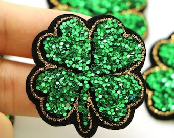 5pcs of 4cm Sequined green Clover Sticker For Clothes Thermo Badge, Iron-On Patch For clothing, Lucky charm. Irish luck.