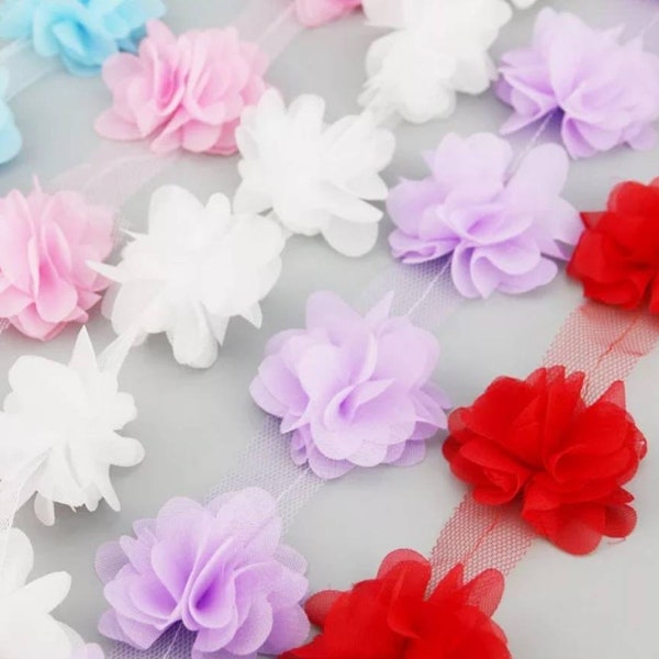 10 pcs of Chiffon fabric flowers on lace perfect for hair accessories, clothing, crafting and any other decorations. 50mm wide