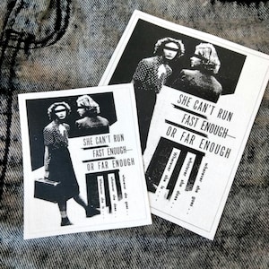 Vintage Film Noir Style Collage Art Patch: "SHE CAN'T RUN" Punk Jacket & Bag Accessory