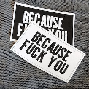 Op de afbeelding: Twee rechthoekige stickers met de tekst "BECAUSE FUCK YOU" in vette, zwarte hoofdletters. Eén sticker is wit met zwarte tekst, en de andere is zwart met witte tekst. De stickers liggen op een grijze, getextureerde ondergrond.