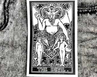 CARTA DEL TAROT DEL DIABLO // Parche punk de lona con arte de cartas del tarot en negro // Parche de lona del tarot Rider-Waite // Chaquetas y bolsos para coser