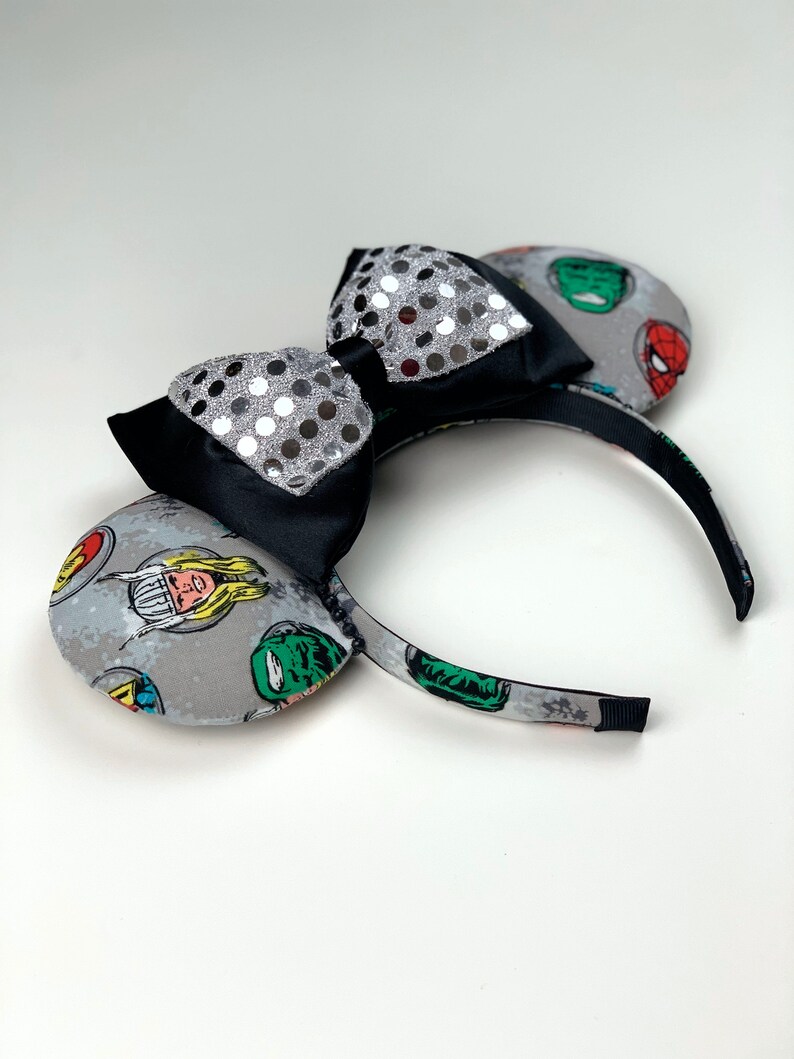 Avengers Ears Marvel Comics Thor Marvel Ears Disney MCU Mickey Ears Dual Satin Glitter Bow Minnie Ears Hulk