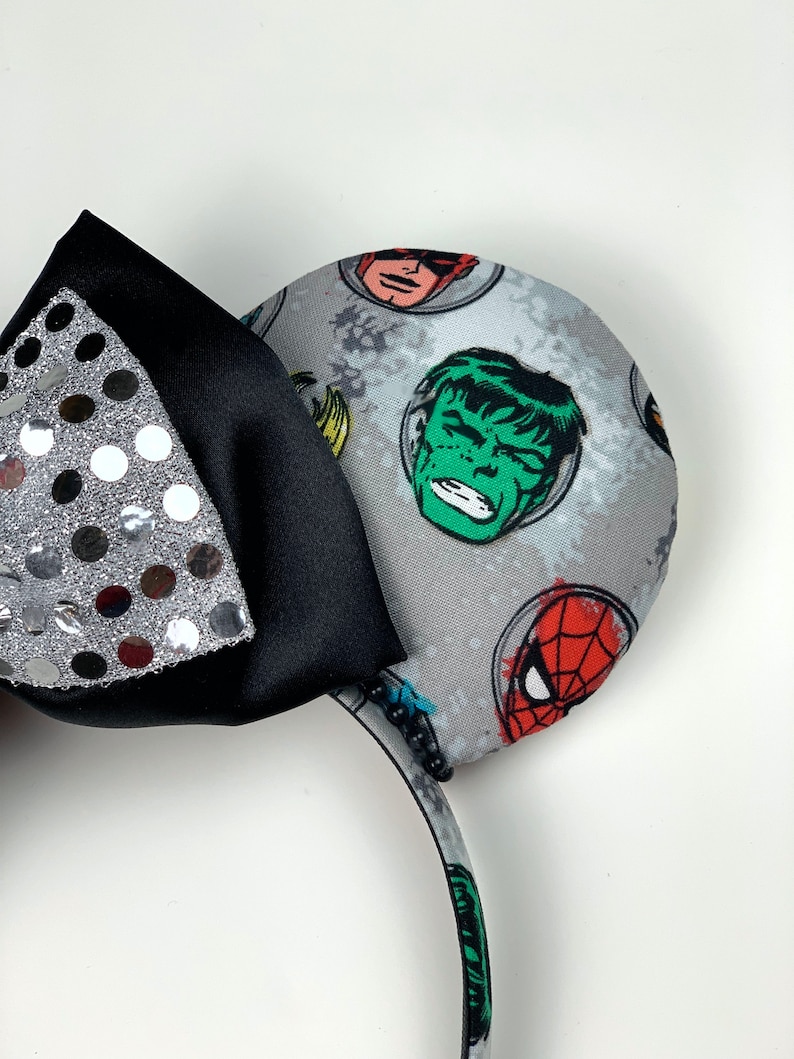 Avengers Ears Marvel Comics Thor Marvel Ears Disney MCU Mickey Ears Dual Satin Glitter Bow Minnie Ears Hulk