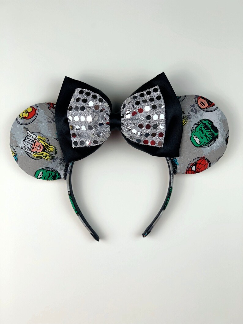 Avengers Ears Marvel Comics Thor Marvel Ears Disney MCU Mickey Ears Dual Satin Glitter Bow Minnie Ears Hulk