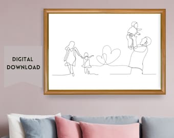 Minimalist Family Portrait Line Art Print, Nursery Decor (Digital Download)