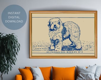 Vintage Old English Sheepdog Art Print, Farmhouse Decor (Digital Download)