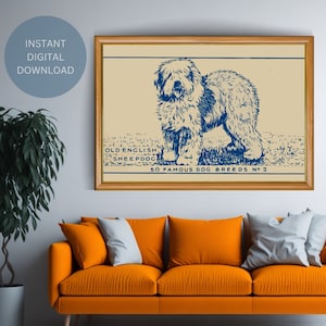 Old English Sheepdog Art Poster Vintage Dog Wall Art Home Vintage Farmhouse Decor Dog Print Download