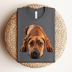 May include: A dark gray crew neck t-shirt featuring a detailed, realistic illustration of a brown Rhodesian Ridgeback dog lying down with its head facing forward and large, expressive eyes looking directly at the viewer.