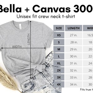 May include: A heather grey Bella + Canvas 3001 unisex crew neck t-shirt with a size chart displaying length and width measurements in inches for sizes XS through 4X, ranging from 27 to 34 inches in length and 16.5 to 30 inches in width.