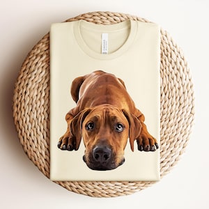 May include: A cream-colored crew neck t-shirt featuring a detailed, realistic illustration of a brown Rhodesian Ridgeback dog lying down in a playful, forward-facing position with its head resting on the ground and dark eyes looking upward.