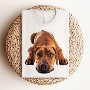 May include: A white short-sleeved t-shirt featuring a detailed, realistic illustration of a brown Rhodesian Ridgeback dog lying down in a prone position. The dog has dark eyes, a black nose, and floppy ears, centered on the front of the shirt.