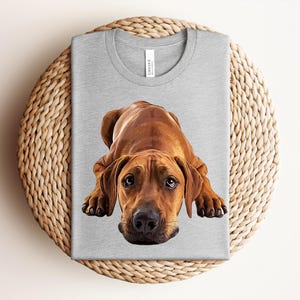 May include: A light heather gray crew neck t-shirt featuring a detailed, realistic illustration of a brown dog with floppy ears and dark eyes lying down in a resting position. The dog is centered on the front of the shirt, facing forward.