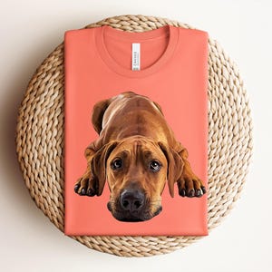 May include: A coral-colored crew neck t-shirt featuring a detailed graphic illustration of a brown dog lying down in a prone position. The dog has large, expressive eyes and a black nose. The shirt has a white label inside the collar area.