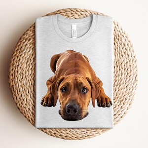 May include: A light gray crew neck t-shirt featuring a detailed, realistic illustration of a brown Rhodesian Ridgeback dog lying down in a prone position, looking directly forward with dark eyes and a black nose, centered on the front of the shirt.