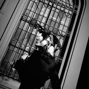 May include: A person wearing a black outfit and a large, black, dragon-like headpiece with a ring detail. The person is standing in front of a large, arched window with a black metal grate.
