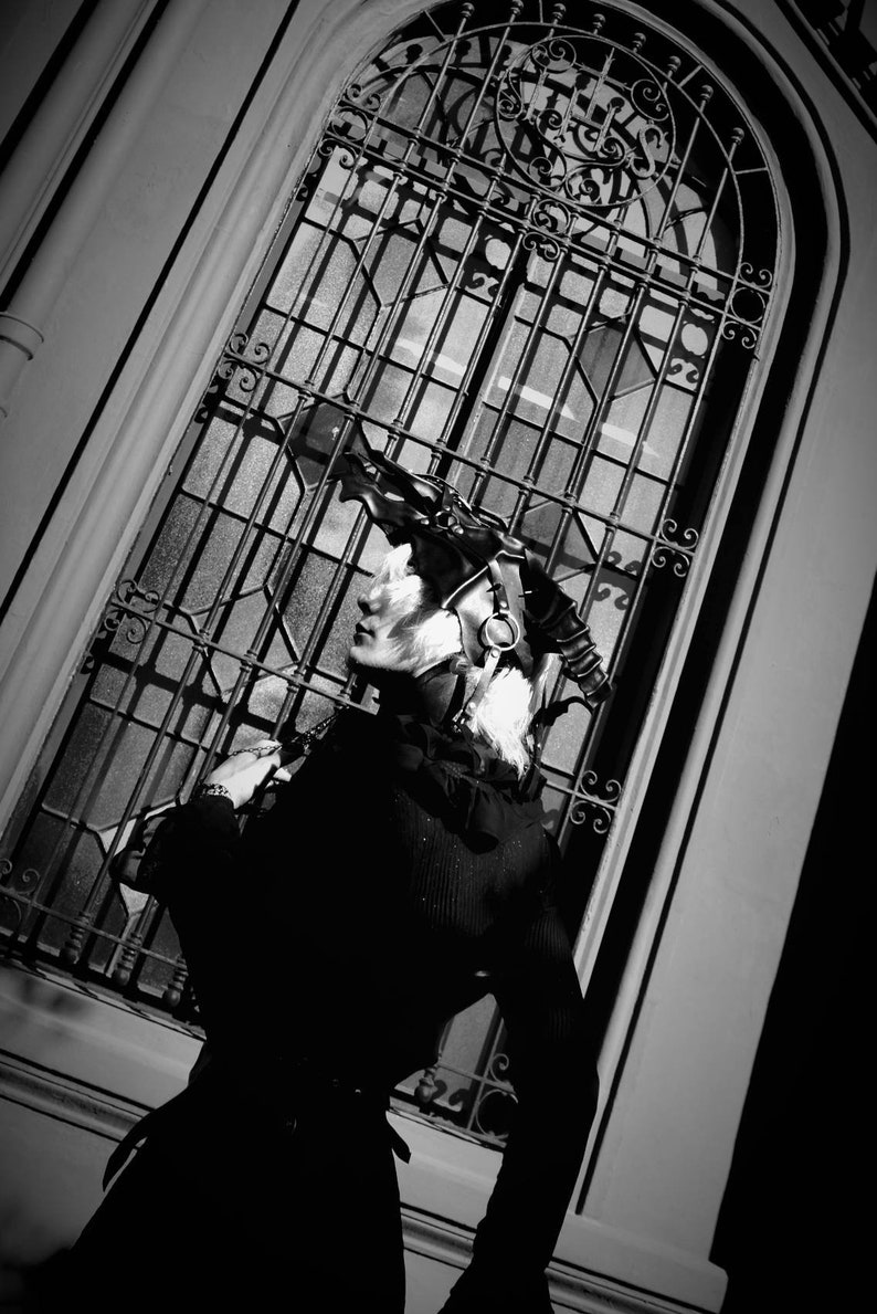 May include: A person wearing a black outfit and a large, black, dragon-like headpiece with a ring detail. The person is standing in front of a large, arched window with a black metal grate.