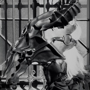 May include: A black leather mask with a dragon design. The mask is worn by a person with white hair. The mask is detailed with straps and buckles.