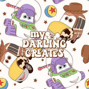 May include: A seamless pattern featuring cartoon illustrations of Buzz Lightyear and Woody from Toy Story. The characters are depicted in their iconic vehicles, with Buzz in his spaceship and Woody in his truck. The background is white with scattered stars and a playful text overlay that reads "my darling creates".