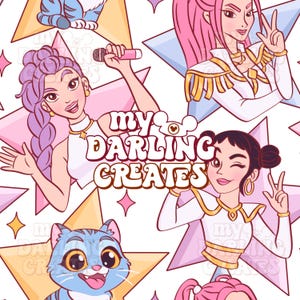 May include: A seamless pattern featuring cartoon illustrations of pop stars, cats, and stars in pastel colors. The text "my darling creates" is also included in the design. The overall theme is a fun and whimsical design.