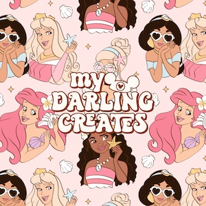 May include: A pink background with a repeating pattern of Disney princesses and a text overlay that reads "my darling creates". The princesses are wearing sunglasses and have a variety of hairstyles and outfits. The text is in a brown retro font.