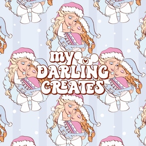 May include: A seamless pattern featuring two cartoon girls wearing pink and blue Santa hats. The girls are hugging each other and the pattern is on a light blue background with white snowflakes. The text "my darling creates" is in the center of the pattern.